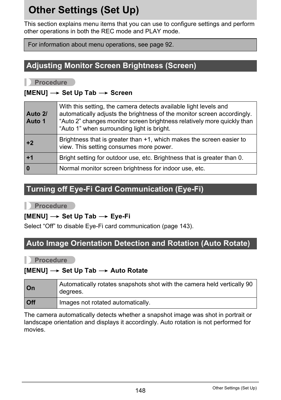 Other settings (set up), Adjusting monitor screen brightness (screen), Turning off eye-fi card communication (eye-fi) | Other settings, Set up) 148 | Casio EXILIM EX-FH25 User Manual | Page 148 / 192