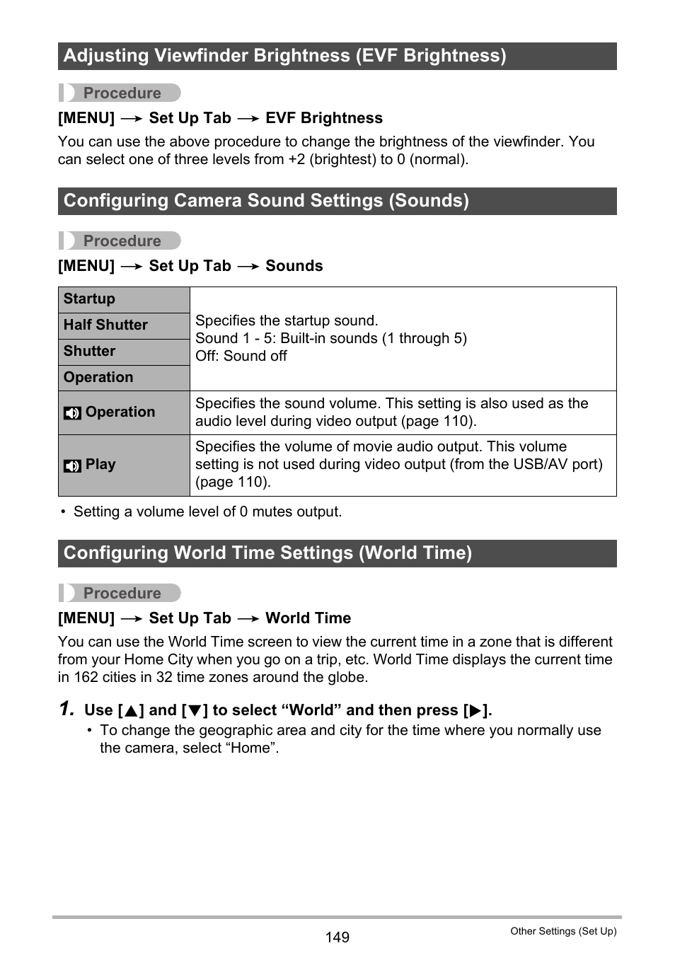 Adjusting viewfinder brightness (evf brightness), Configuring camera sound settings (sounds), Configuring world time settings (world time) | Casio EXILIM EX-FH25 User Manual | Page 149 / 192