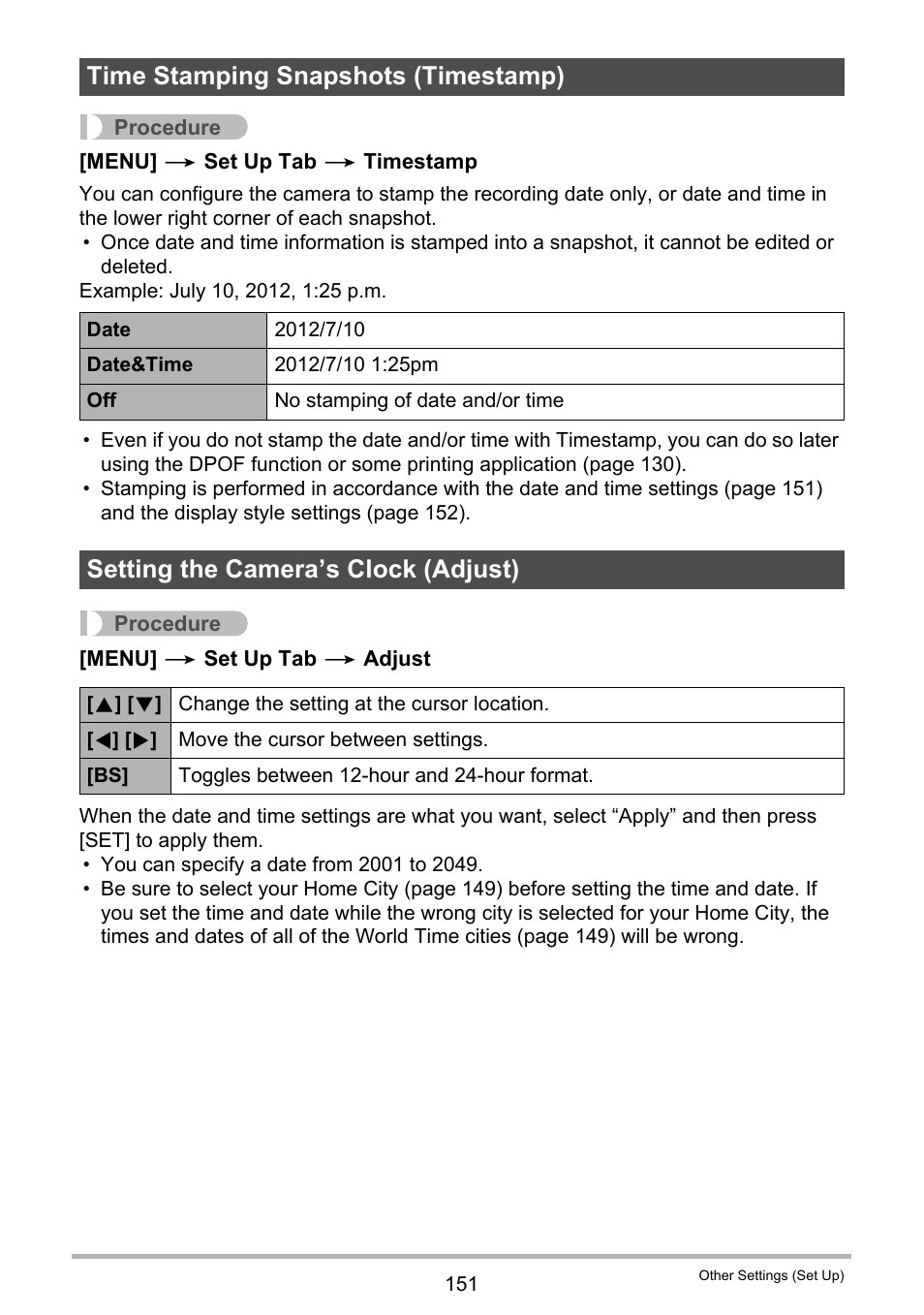 Time stamping snapshots (timestamp), Setting the camera’s clock (adjust) | Casio EXILIM EX-FH25 User Manual | Page 151 / 192