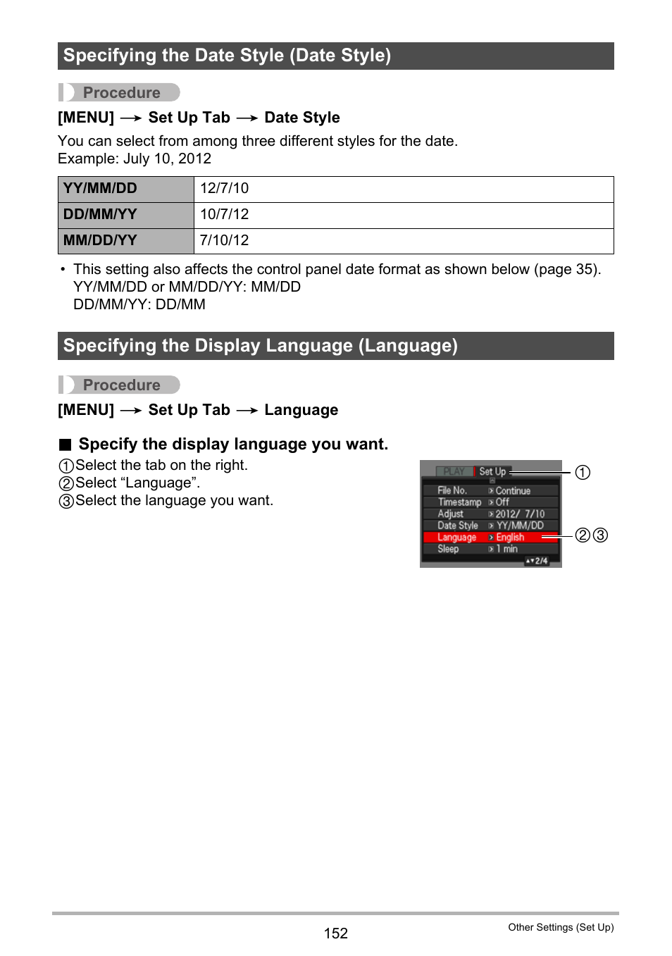 Specifying the date style (date style), Specifying the display language (language), E 152) | Casio EXILIM EX-FH25 User Manual | Page 152 / 192