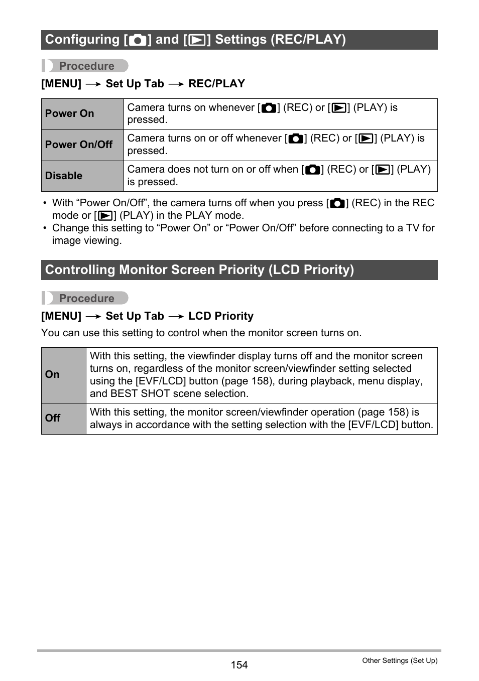 Configuring [_] and [>] settings (rec/play), Controlling monitor screen priority (lcd priority), Configuring [ r ] and [ p ] settings (rec/play) | Casio EXILIM EX-FH25 User Manual | Page 154 / 192