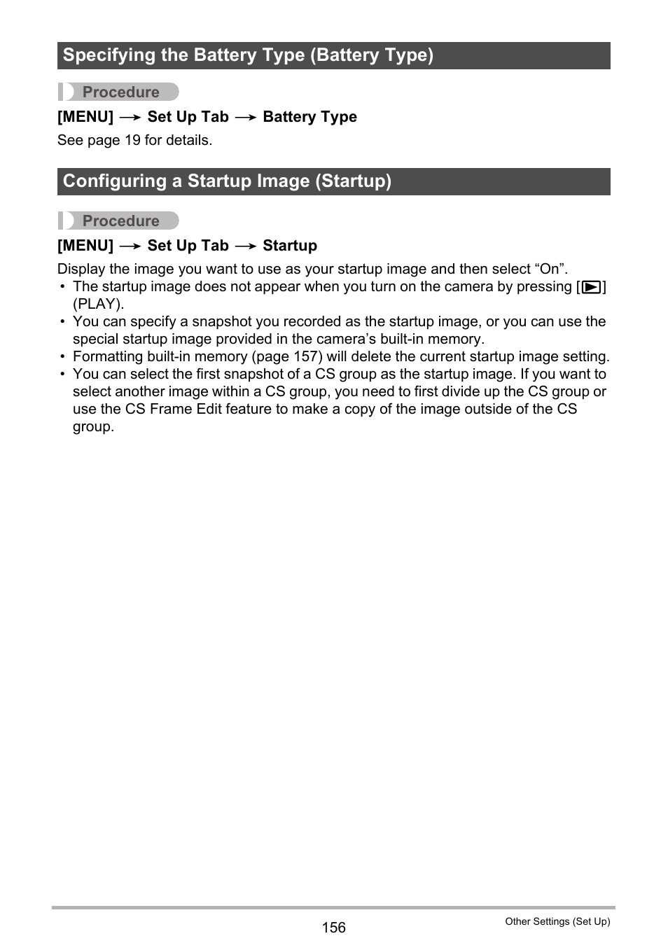 Specifying the battery type (battery type), Configuring a startup image (startup) | Casio EXILIM EX-FH25 User Manual | Page 156 / 192