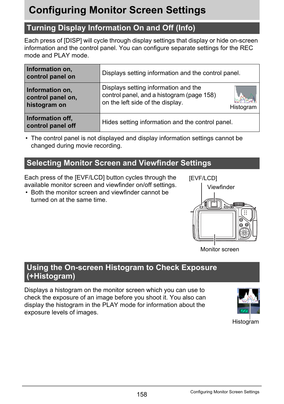 Configuring monitor screen settings, Turning display information on and off (info), Selecting monitor screen and viewfinder settings | Age 158) | Casio EXILIM EX-FH25 User Manual | Page 158 / 192