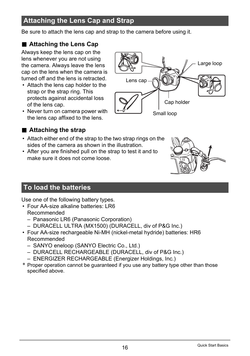 Attaching the lens cap and strap, To load the batteries | Casio EXILIM EX-FH25 User Manual | Page 16 / 192