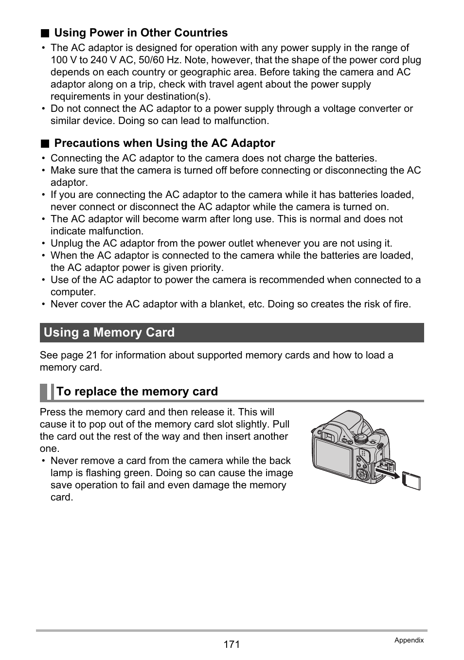 Using a memory card, To replace the memory card | Casio EXILIM EX-FH25 User Manual | Page 171 / 192