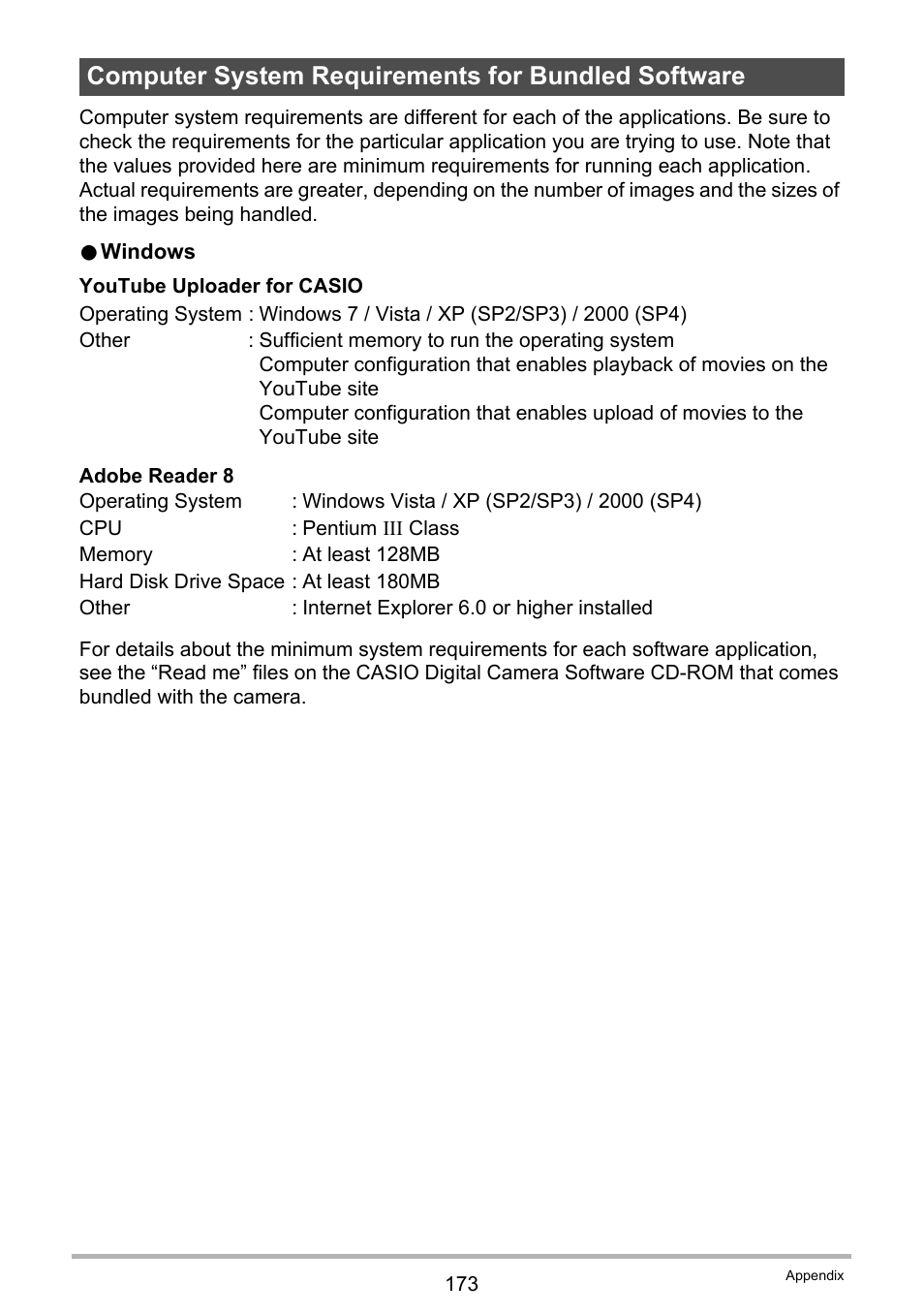 Computer system requirements for bundled software | Casio EXILIM EX-FH25 User Manual | Page 173 / 192