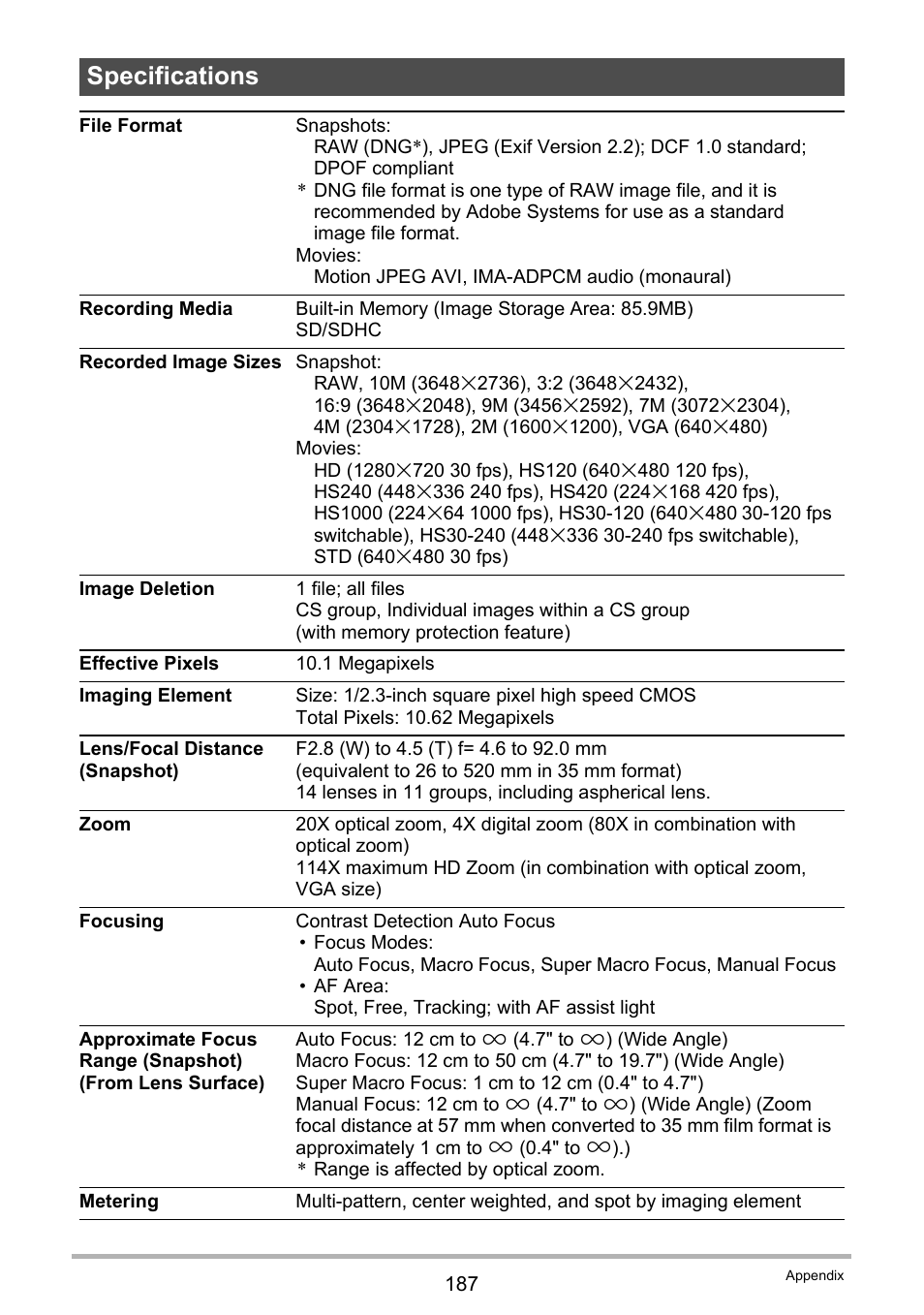 Specifications | Casio EXILIM EX-FH25 User Manual | Page 187 / 192