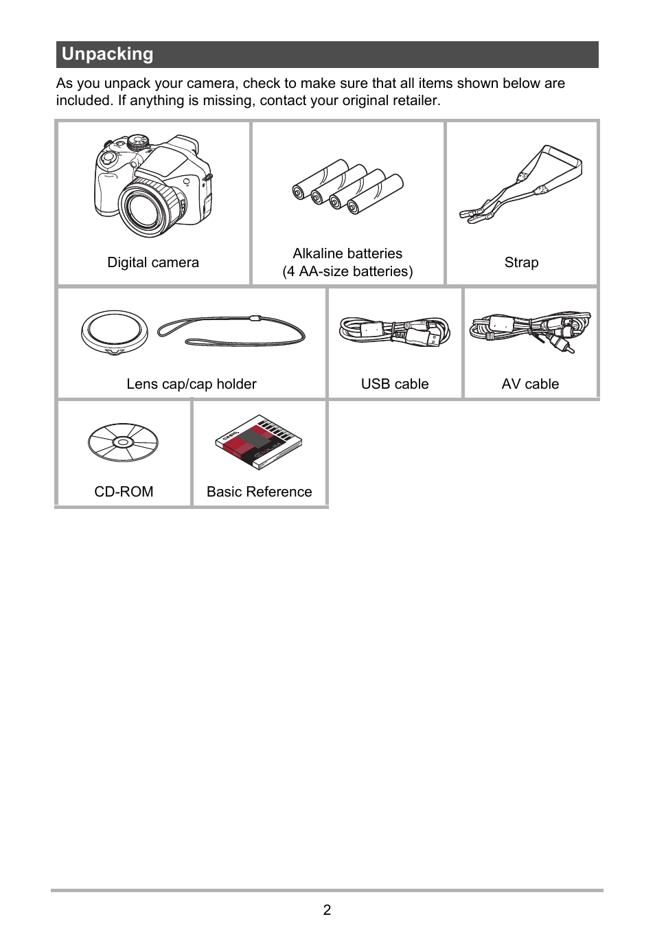 Unpacking | Casio EXILIM EX-FH25 User Manual | Page 2 / 192