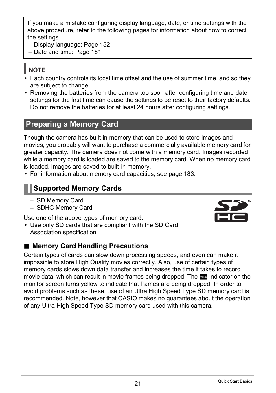 Preparing a memory card, Supported memory cards | Casio EXILIM EX-FH25 User Manual | Page 21 / 192