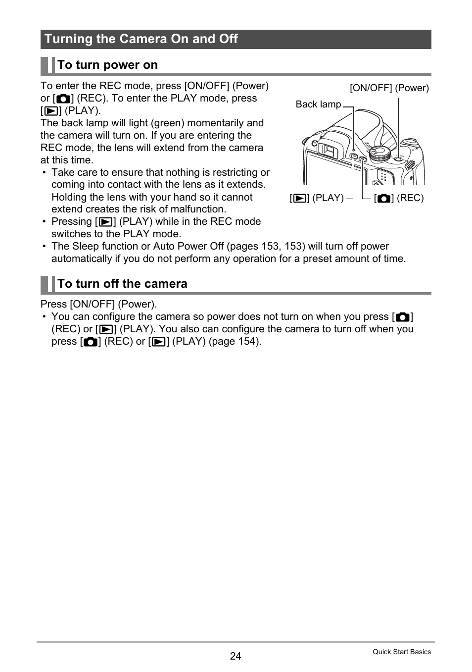 Turning the camera on and off, To turn power on, To turn off the camera | Casio EXILIM EX-FH25 User Manual | Page 24 / 192