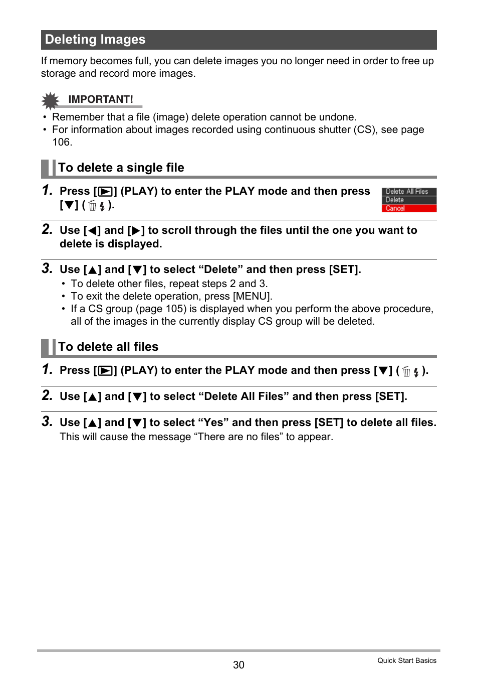 Deleting images, To delete a single file, To delete all files | Casio EXILIM EX-FH25 User Manual | Page 30 / 192