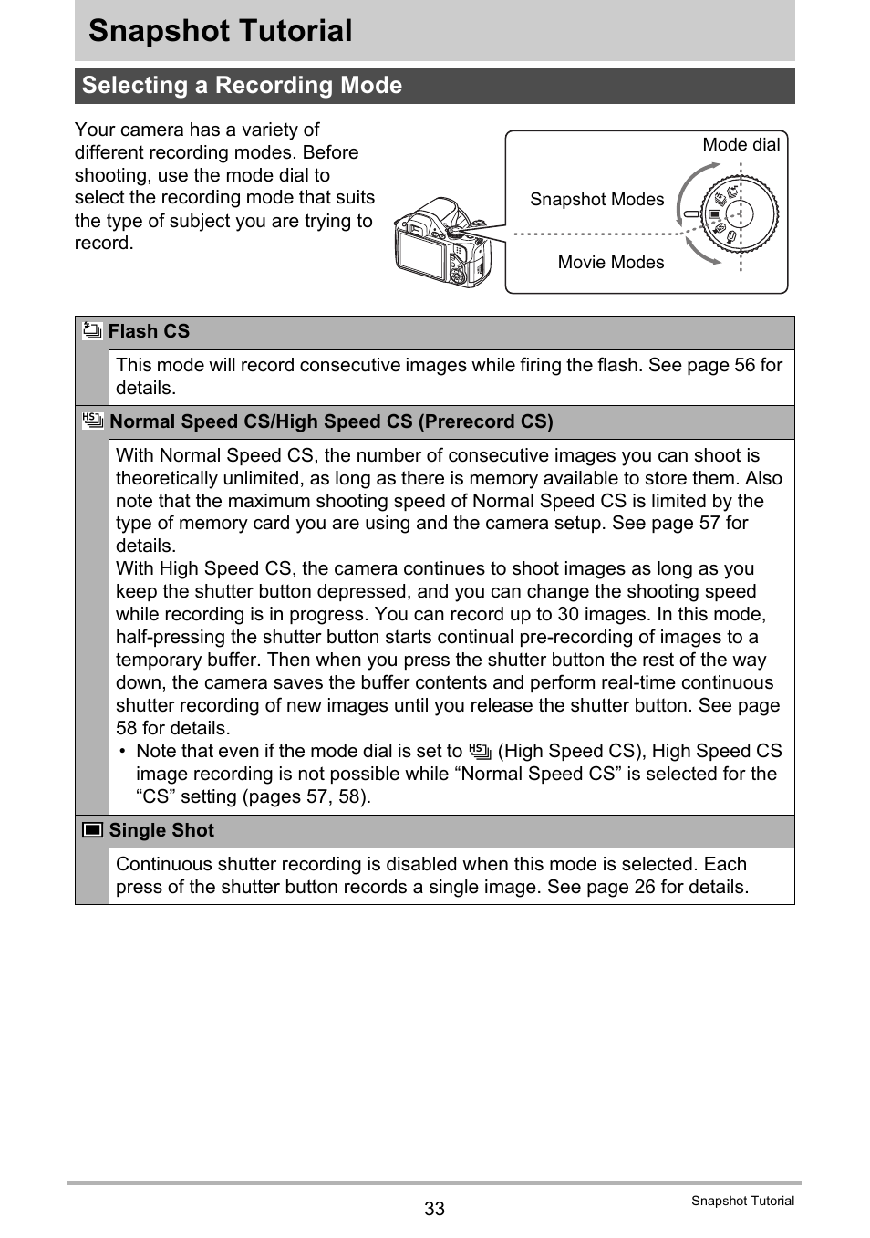 Snapshot tutorial, Selecting a recording mode | Casio EXILIM EX-FH25 User Manual | Page 33 / 192