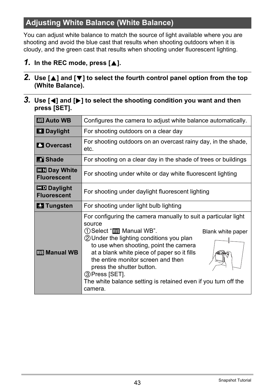 Adjusting white balance (white balance) | Casio EXILIM EX-FH25 User Manual | Page 43 / 192