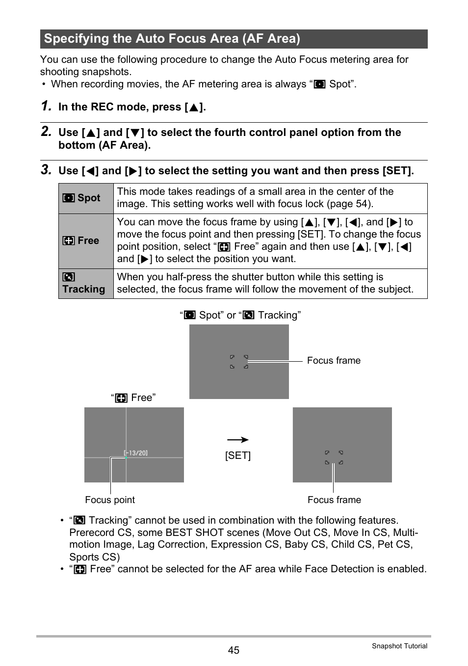 Specifying the auto focus area (af area), Age 45) | Casio EXILIM EX-FH25 User Manual | Page 45 / 192