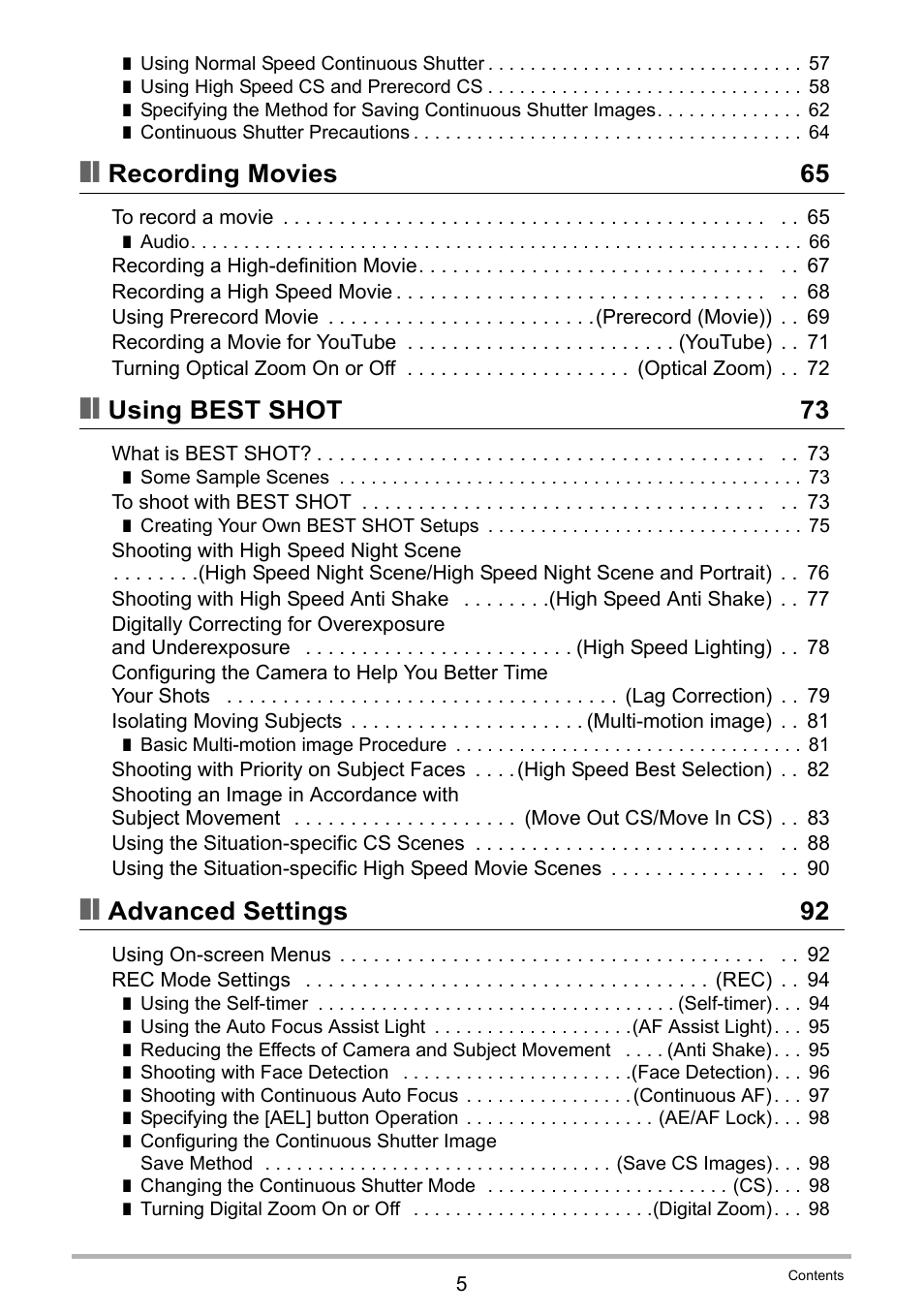 Recording movies 65, Using best shot 73, Advanced settings 92 | Casio EXILIM EX-FH25 User Manual | Page 5 / 192