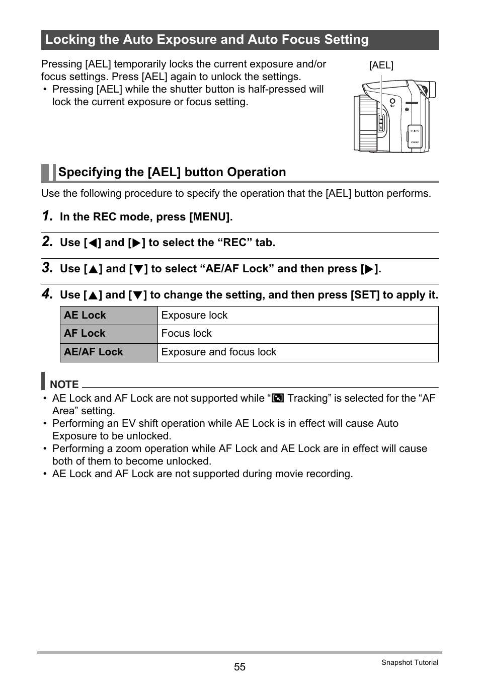 Locking the auto exposure and auto focus setting, Specifying the [ael] button operation | Casio EXILIM EX-FH25 User Manual | Page 55 / 192