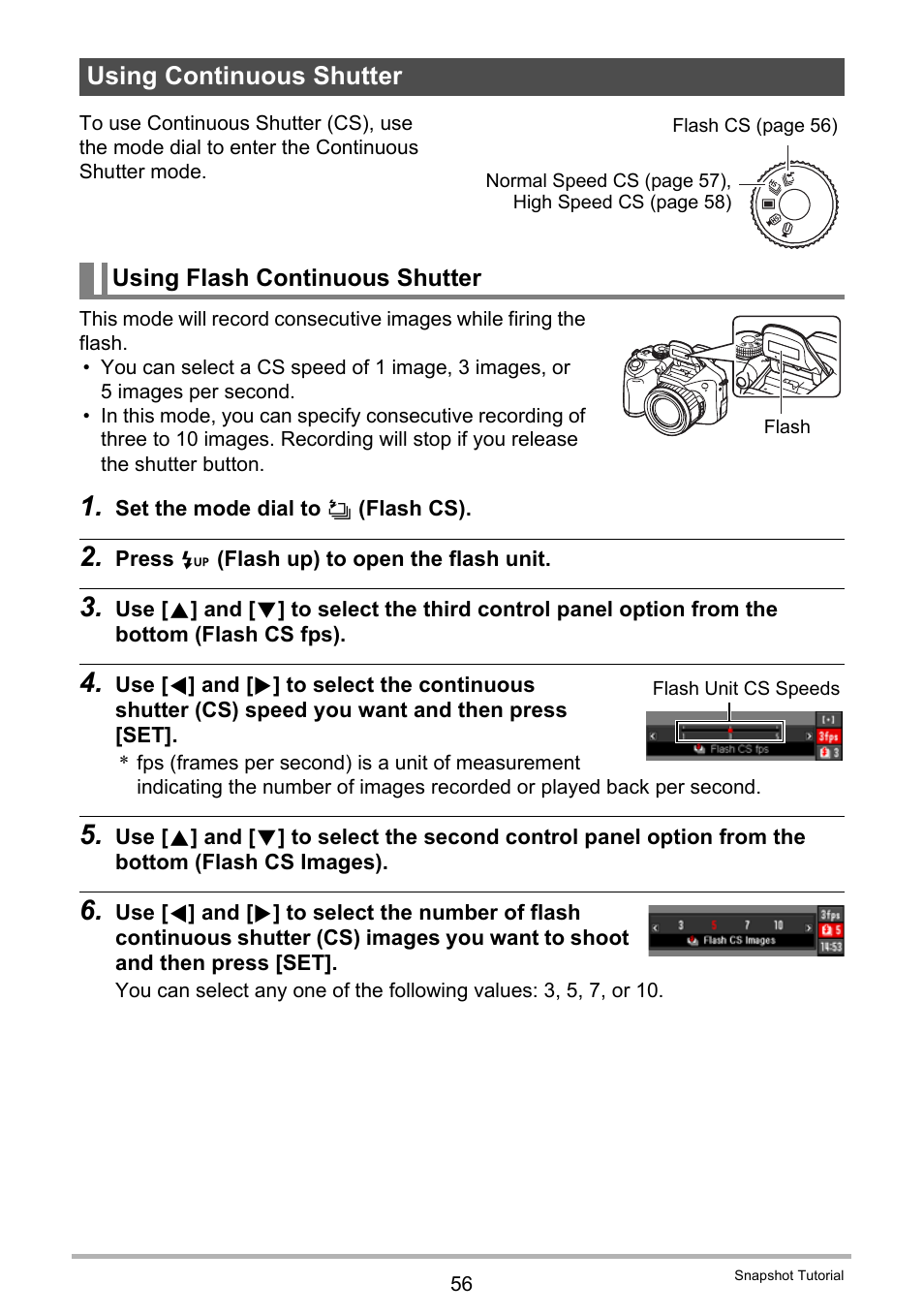 Using continuous shutter, Using flash continuous shutter, Ge 56 for | Casio EXILIM EX-FH25 User Manual | Page 56 / 192