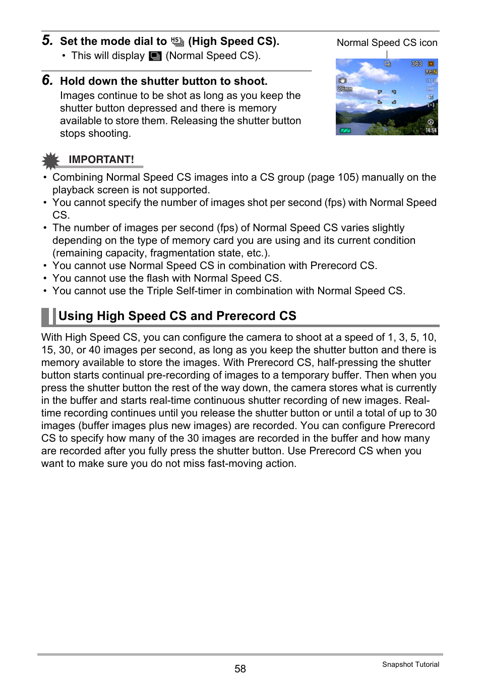 Using high speed cs and prerecord cs, 58 for d | Casio EXILIM EX-FH25 User Manual | Page 58 / 192