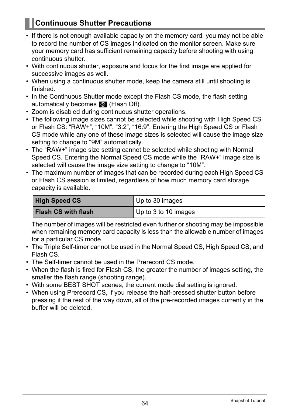 Continuous shutter precautions | Casio EXILIM EX-FH25 User Manual | Page 64 / 192