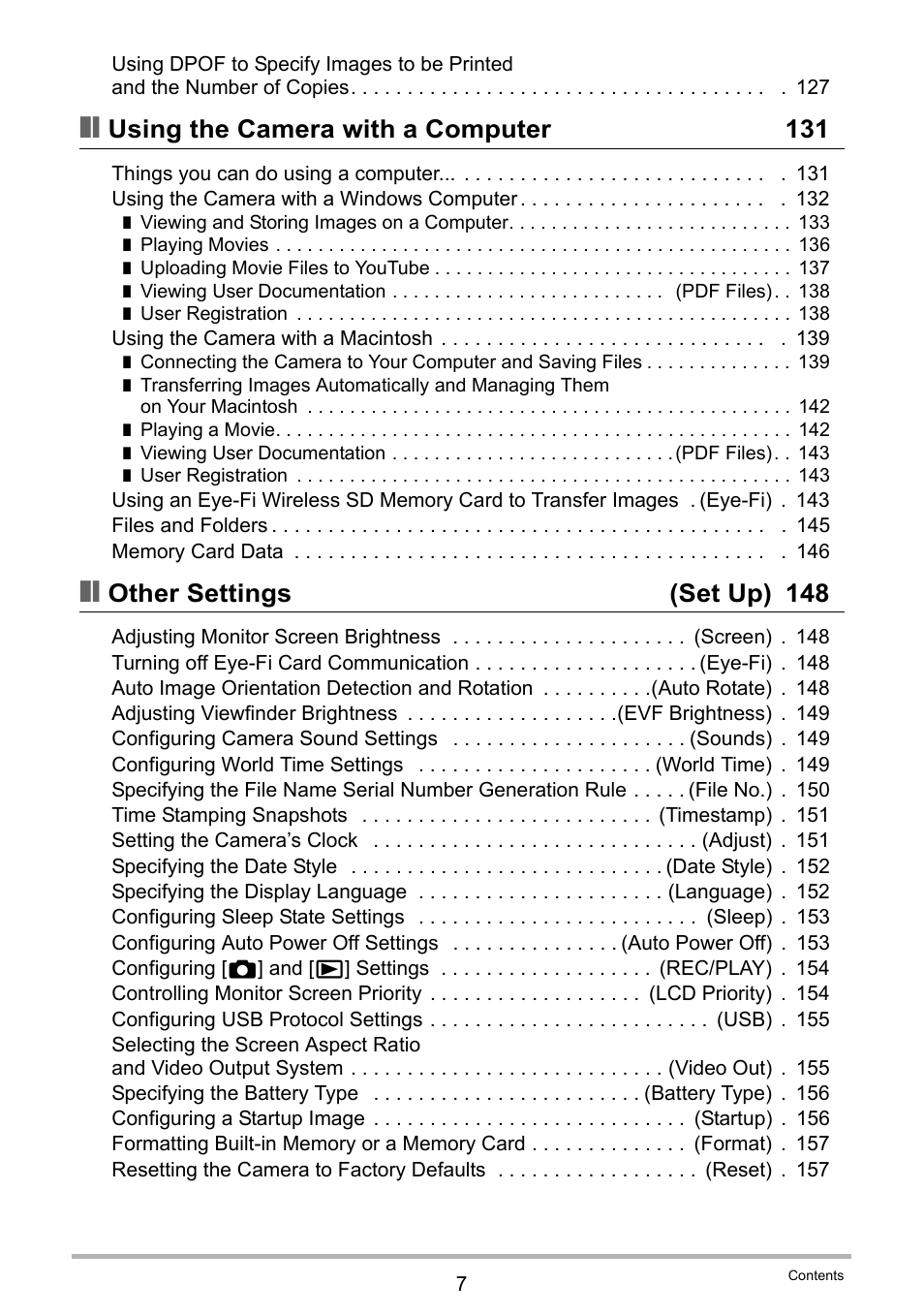 Using the camera with a computer 131, Other settings (set up) 148 | Casio EXILIM EX-FH25 User Manual | Page 7 / 192