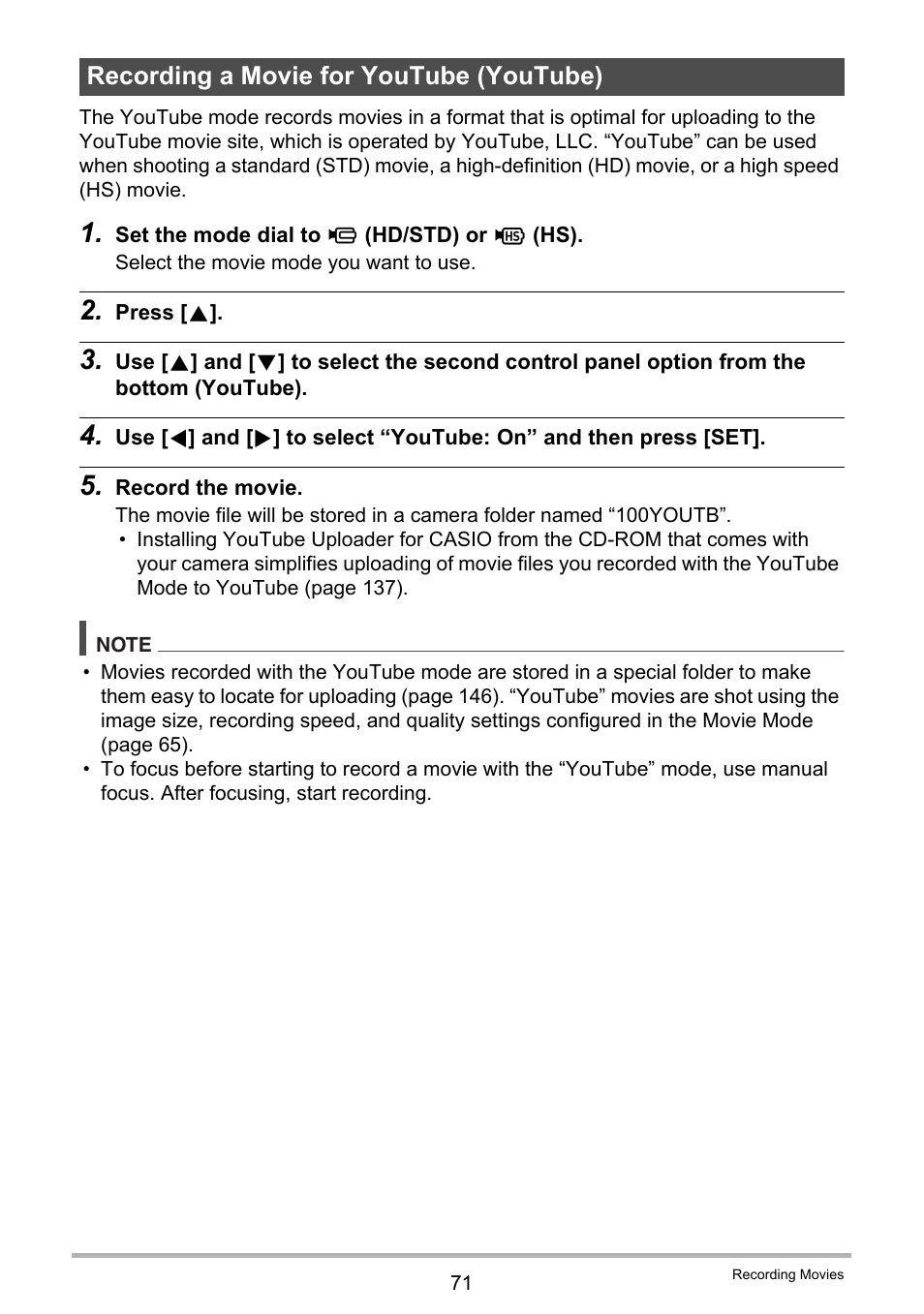 Recording a movie for youtube (youtube) | Casio EXILIM EX-FH25 User Manual | Page 71 / 192