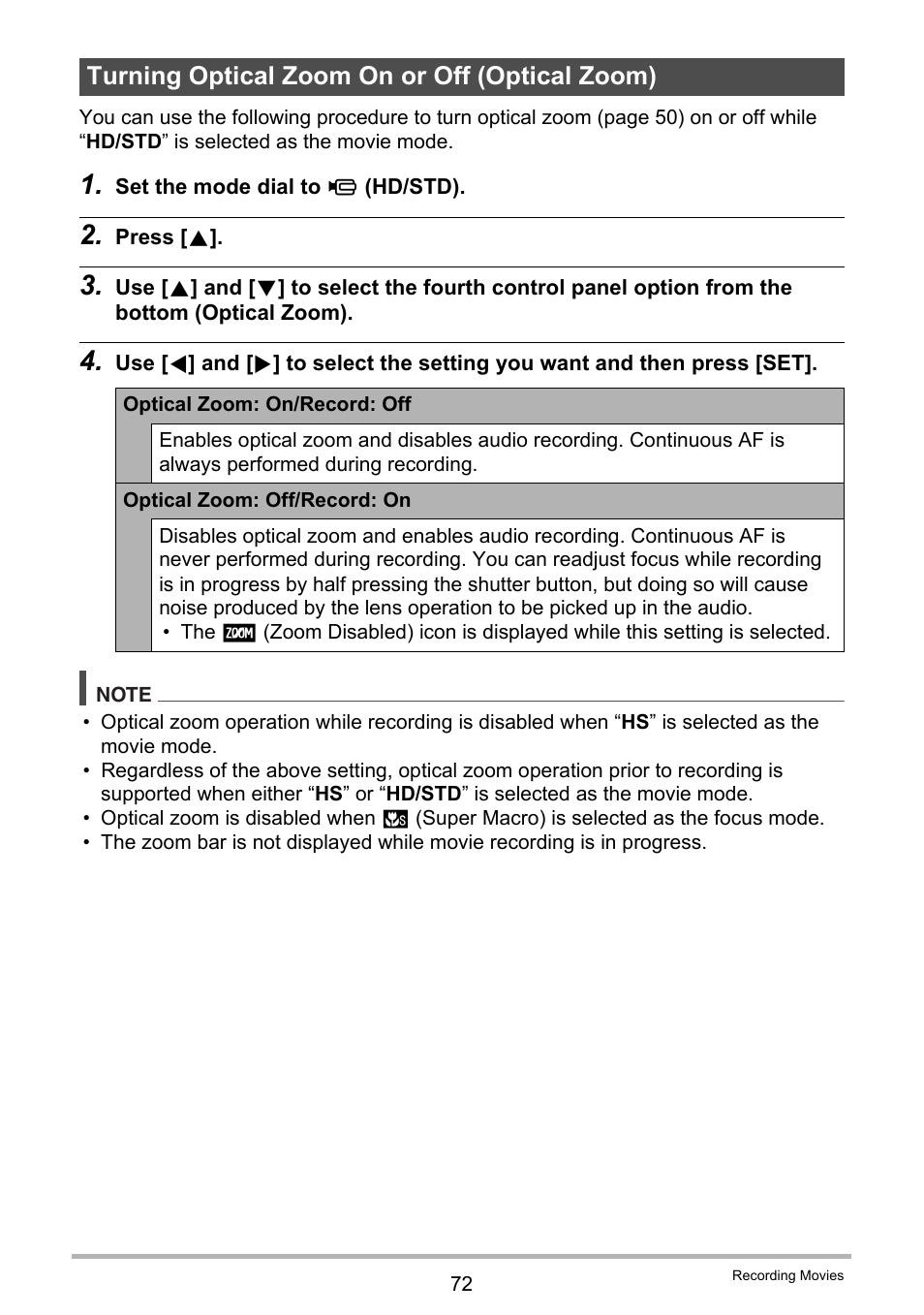 Turning optical zoom on or off (optical zoom) | Casio EXILIM EX-FH25 User Manual | Page 72 / 192