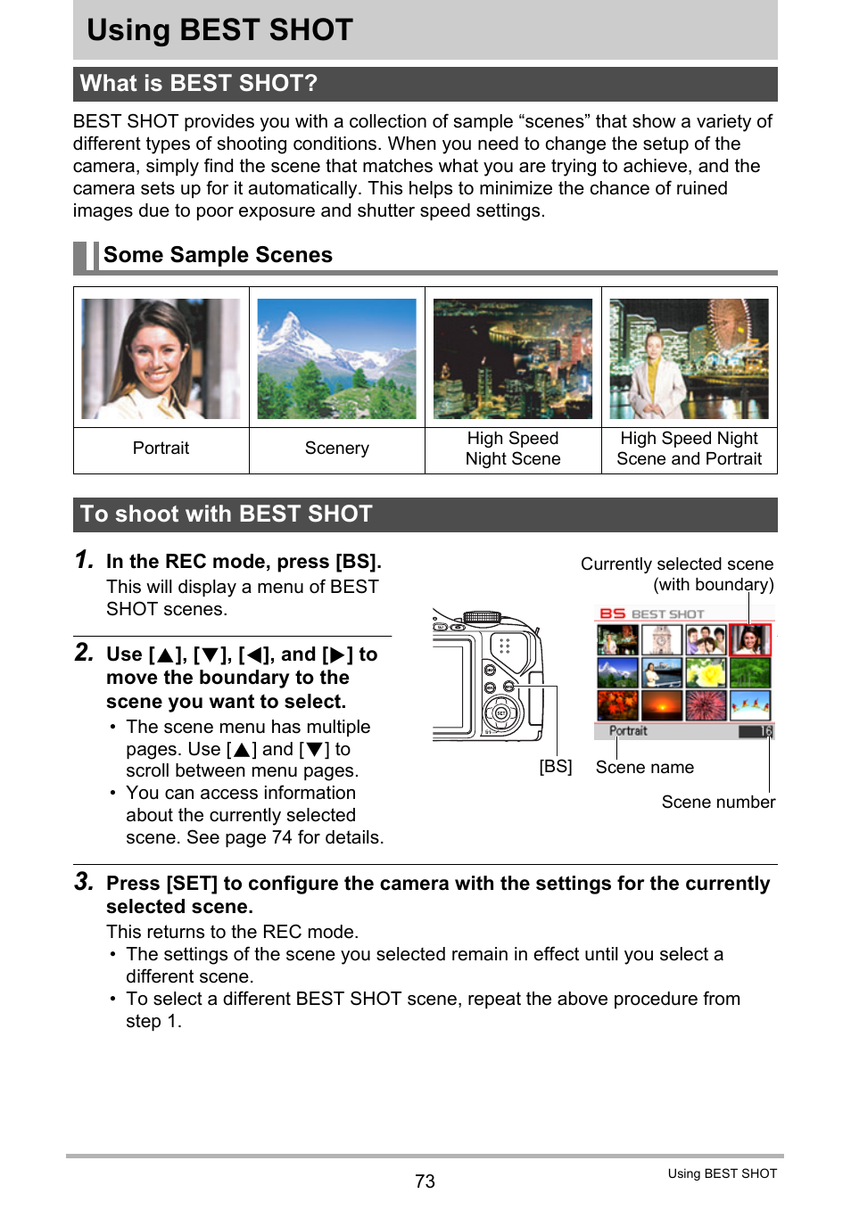 Using best shot, What is best shot, Some sample scenes | To shoot with best shot | Casio EXILIM EX-FH25 User Manual | Page 73 / 192