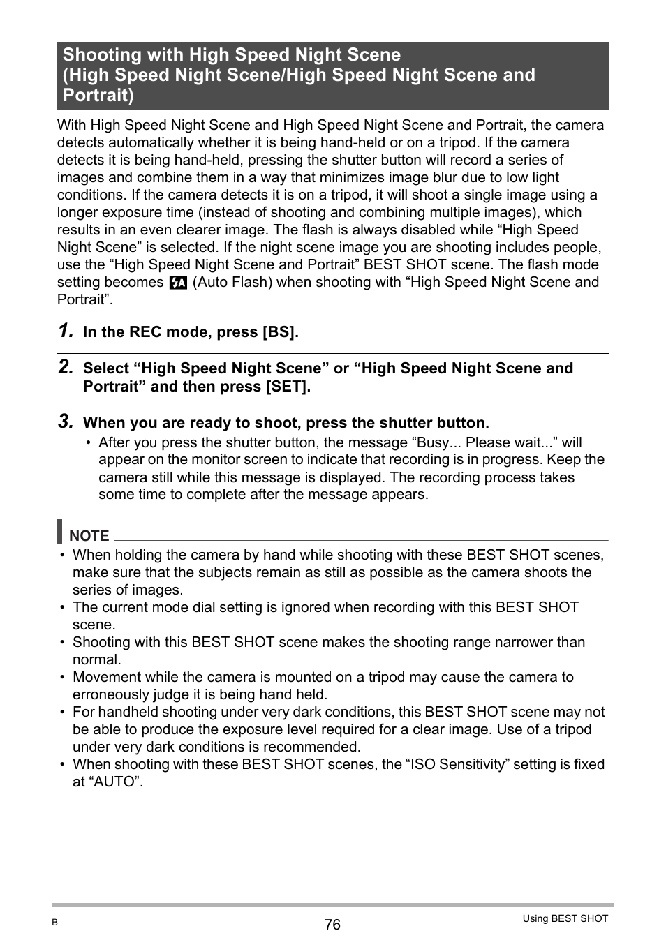 Shooting with high speed night scene | Casio EXILIM EX-FH25 User Manual | Page 76 / 192