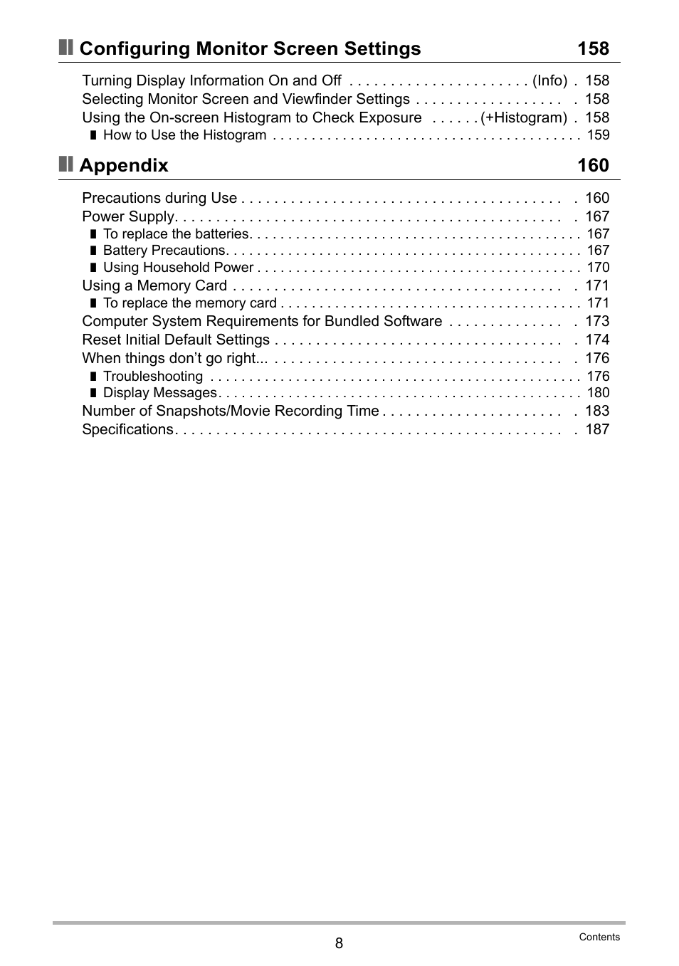 Configuring monitor screen settings 158, Appendix 160 | Casio EXILIM EX-FH25 User Manual | Page 8 / 192