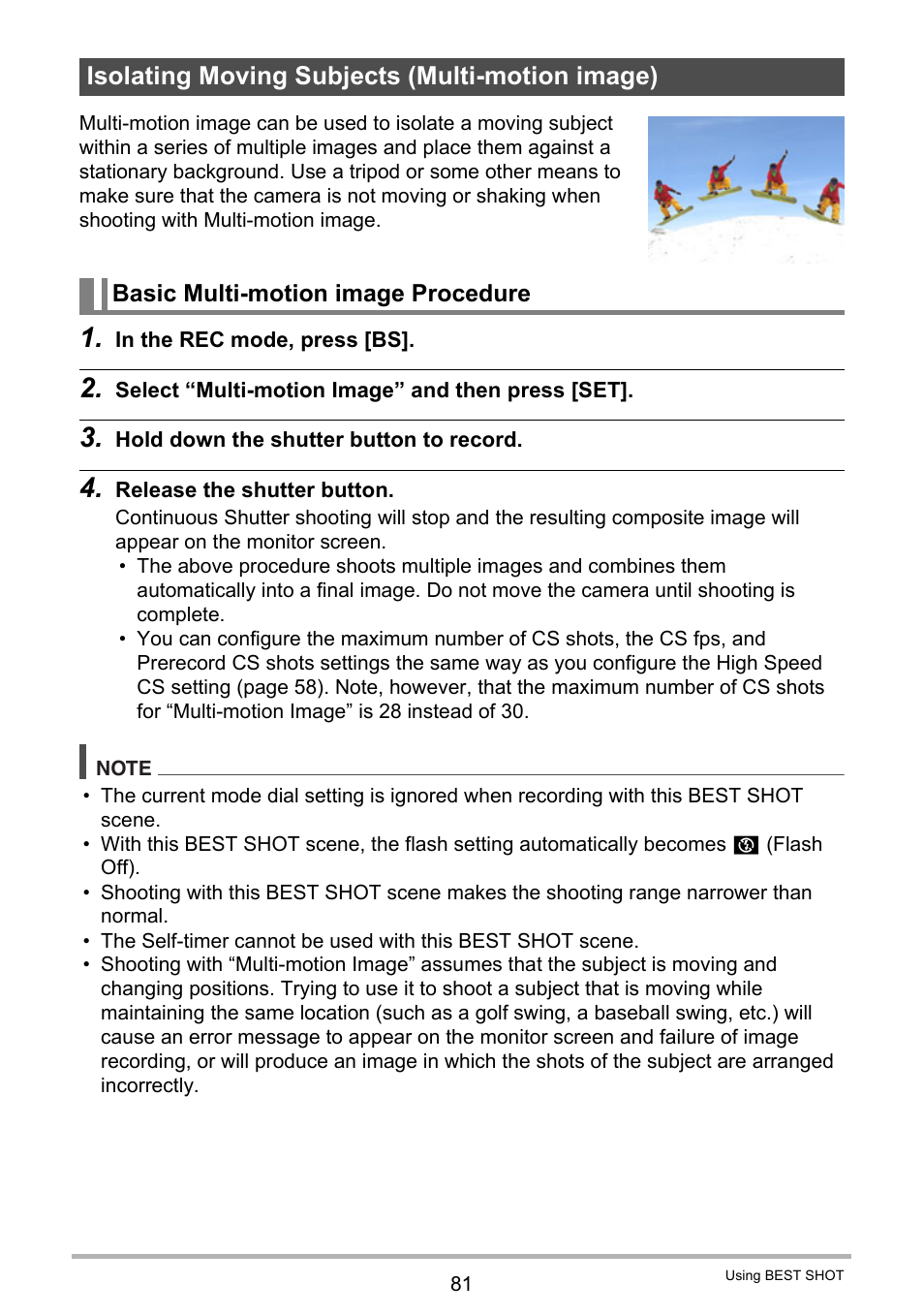 Isolating moving subjects (multi-motion image), Basic multi-motion image procedure | Casio EXILIM EX-FH25 User Manual | Page 81 / 192