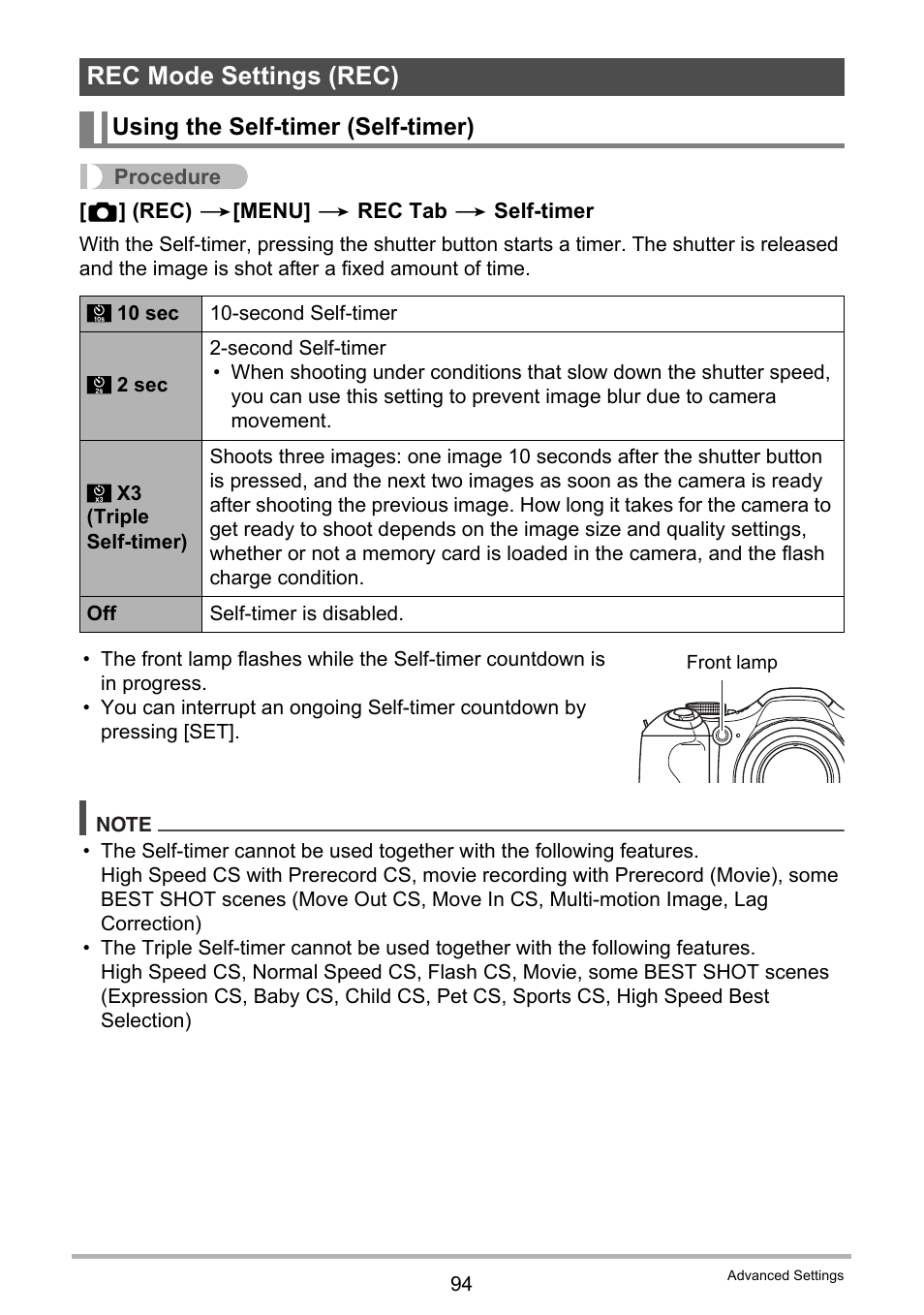 Rec mode settings (rec), Using the self-timer (self-timer) | Casio EXILIM EX-FH25 User Manual | Page 94 / 192