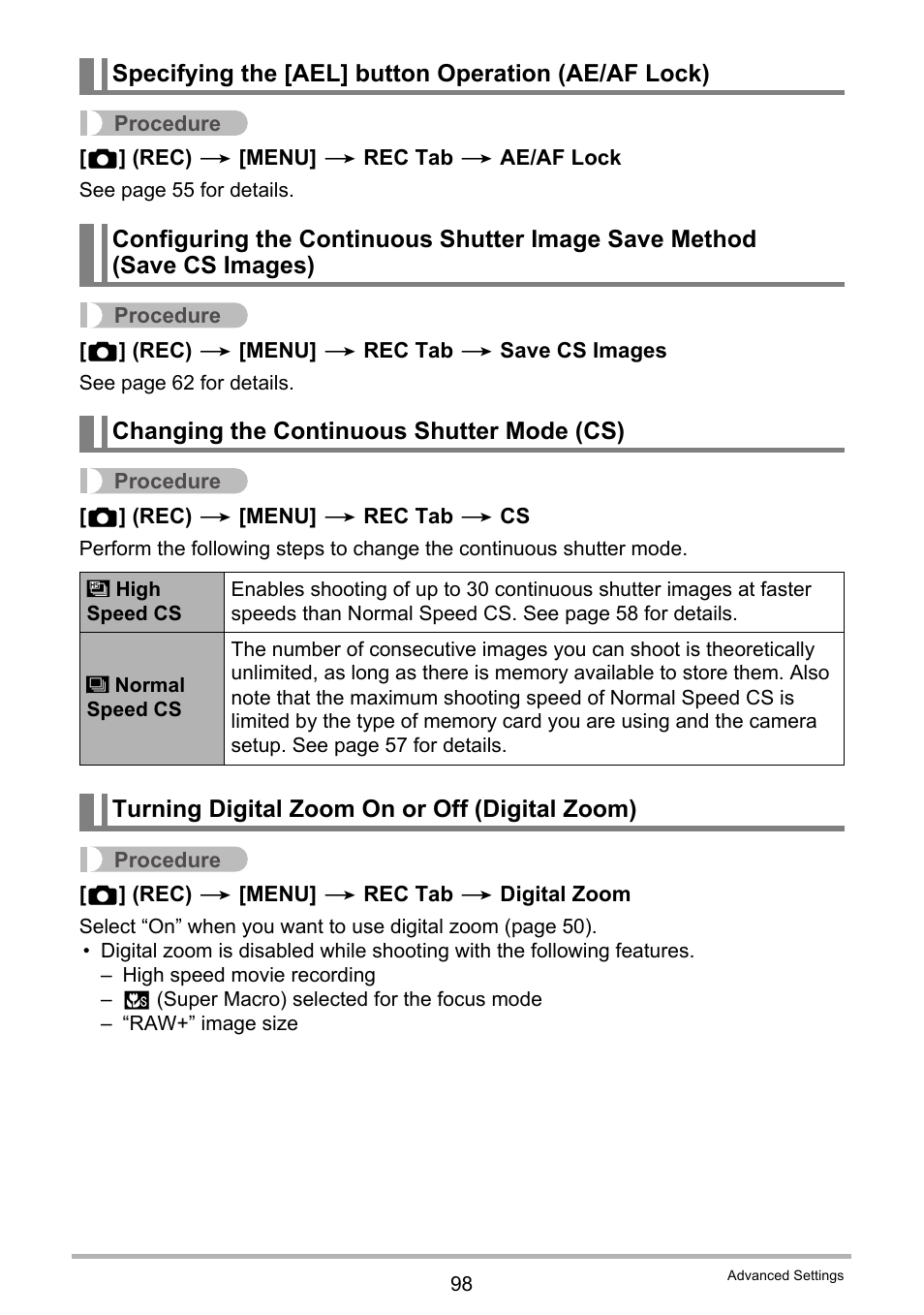 Specifying the [ael] button operation (ae/af lock), Changing the continuous shutter mode (cs), Turning digital zoom on or off (digital zoom) | Casio EXILIM EX-FH25 User Manual | Page 98 / 192