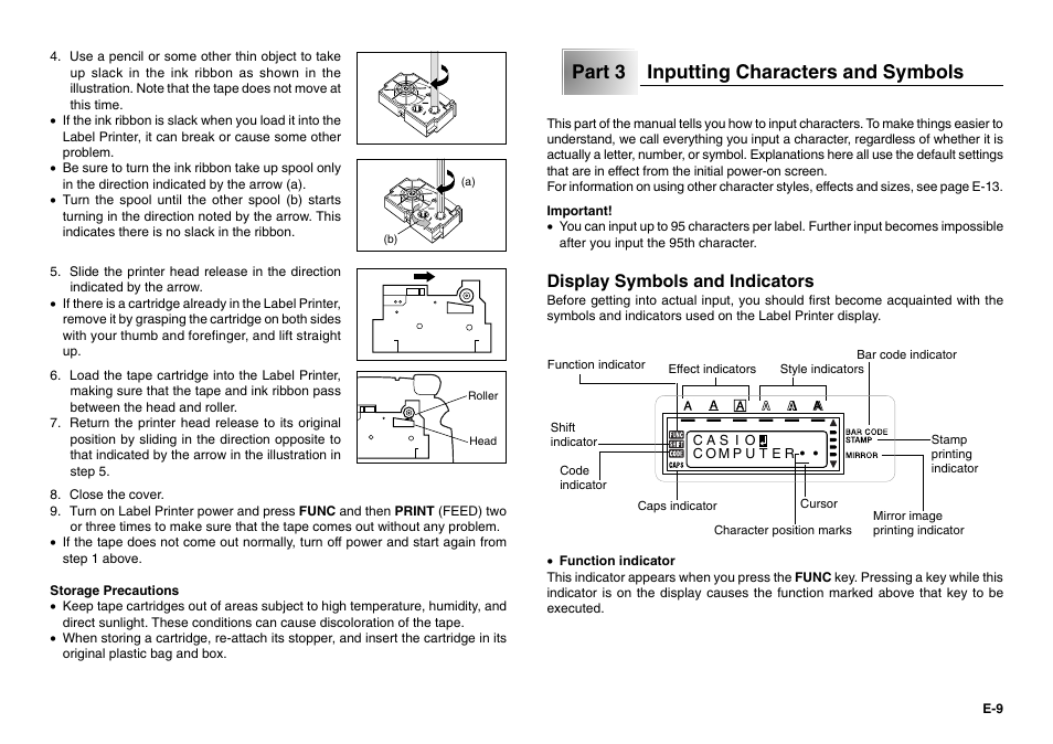Part 3 inputting characters and symbols, Display symbols and indicators | Casio KL-780 User Manual | Page 10 / 28