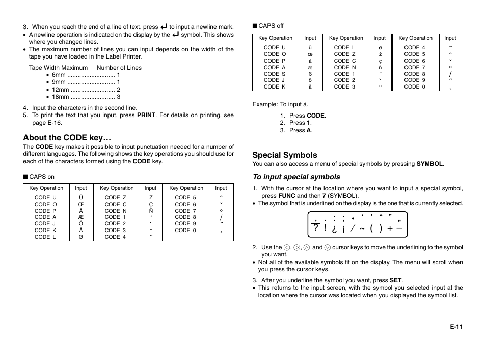 About the code key, Special symbols | Casio KL-780 User Manual | Page 12 / 28