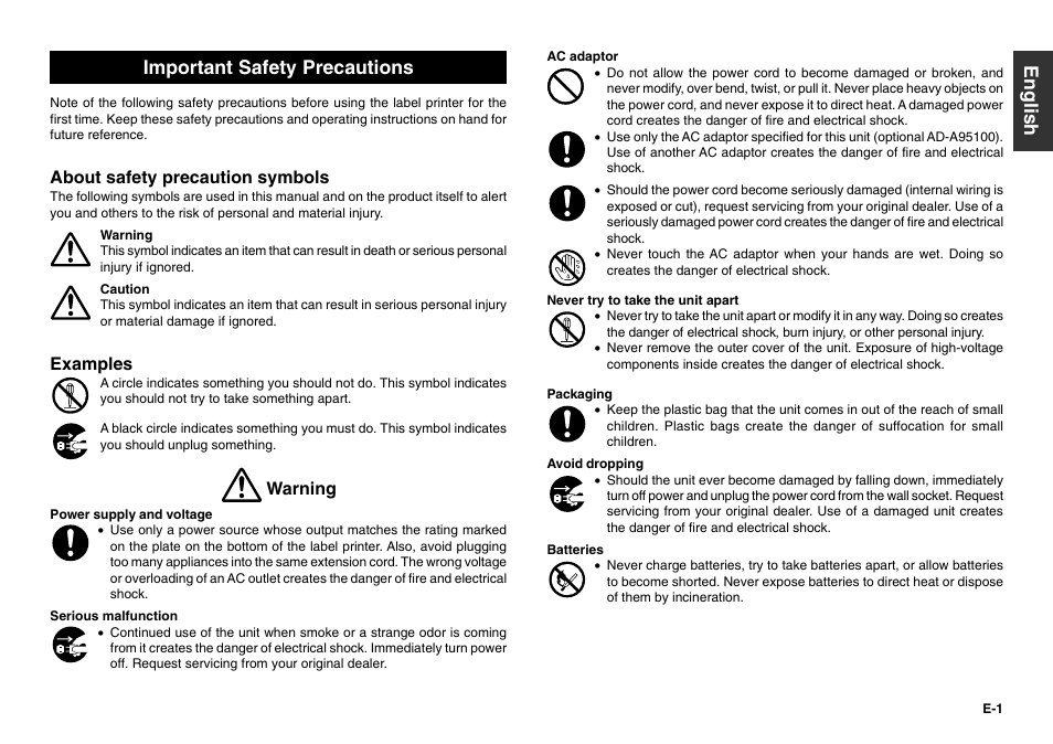 Important safety precautions, English, About safety precaution symbols | Examples, Warning | Casio KL-780 User Manual | Page 2 / 28