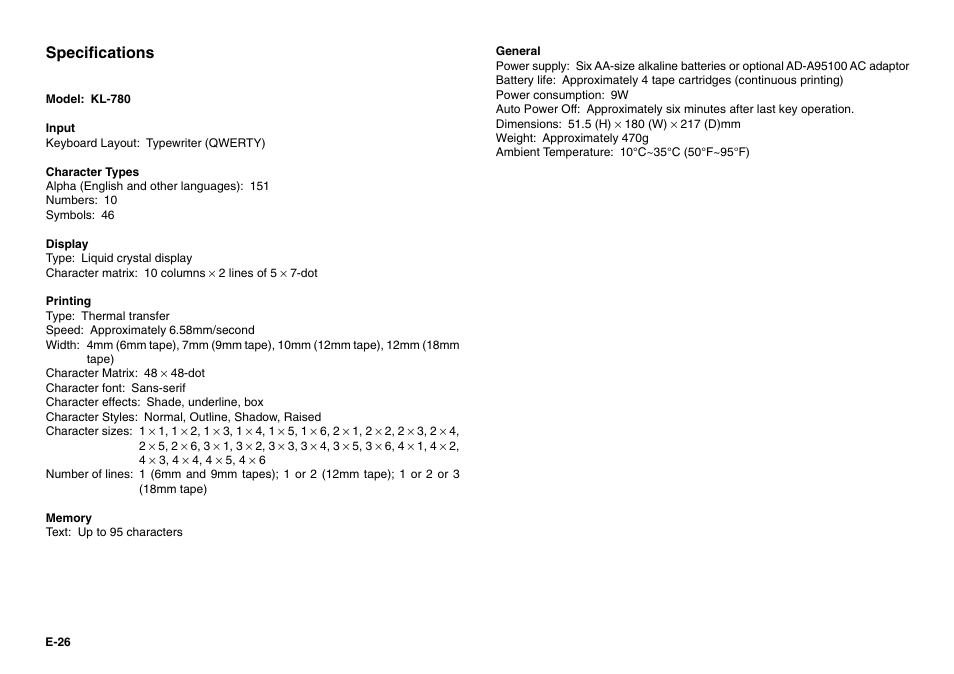 Specifications | Casio KL-780 User Manual | Page 27 / 28