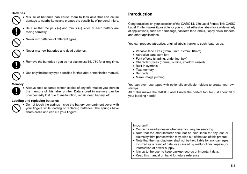 Introduction | Casio KL-780 User Manual | Page 4 / 28