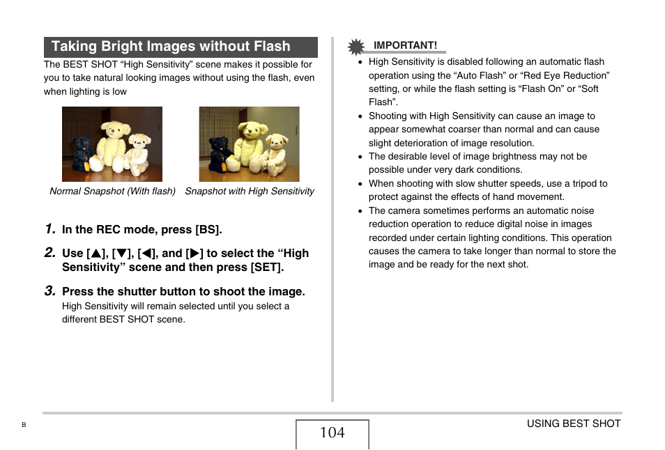 Taking bright images without flash, E 104) | Casio EXILIM EX-Z1080 User Manual | Page 104 / 267