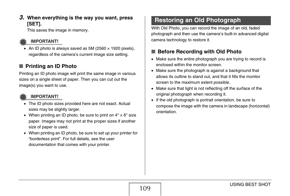 Restoring an old photograph | Casio EXILIM EX-Z1080 User Manual | Page 109 / 267