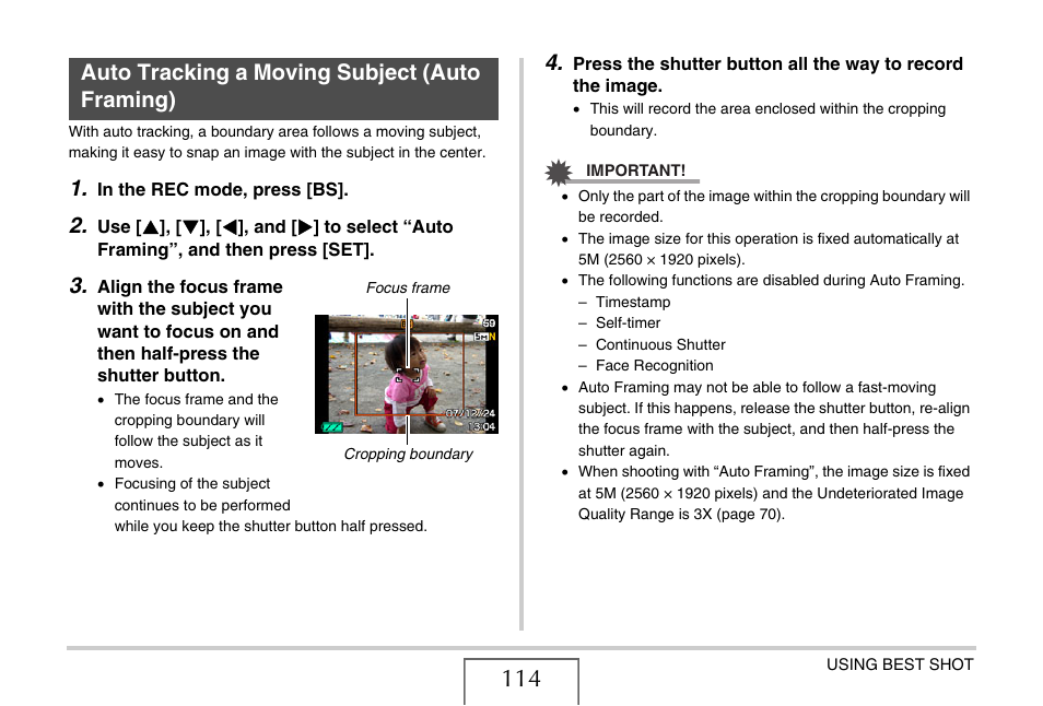 Auto tracking a moving subject (auto framing) | Casio EXILIM EX-Z1080 User Manual | Page 114 / 267