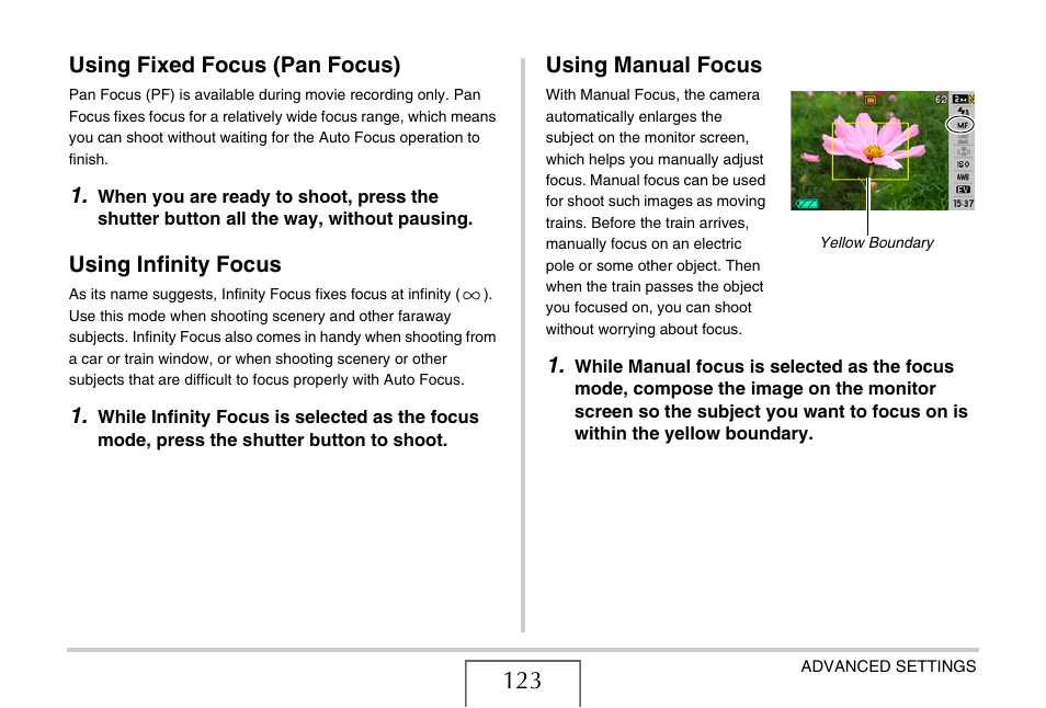 Using fixed focus (pan focus), Using infinity focus, Using manual focus | Casio EXILIM EX-Z1080 User Manual | Page 123 / 267