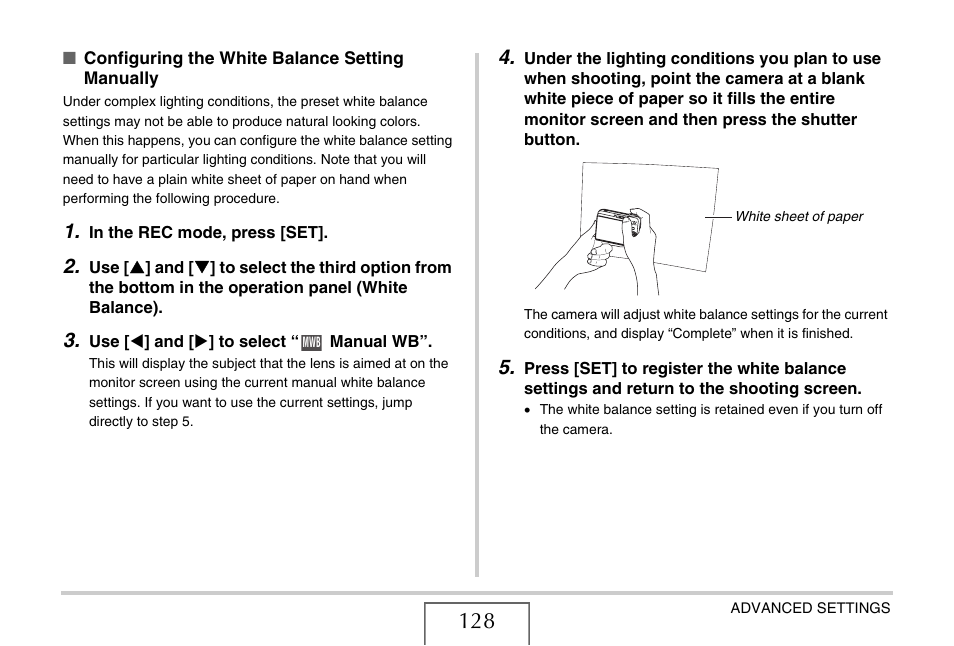 Configuring the white, Balance setting manually, E 128 | Casio EXILIM EX-Z1080 User Manual | Page 128 / 267