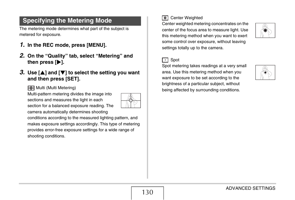 Specifying the metering mode | Casio EXILIM EX-Z1080 User Manual | Page 130 / 267