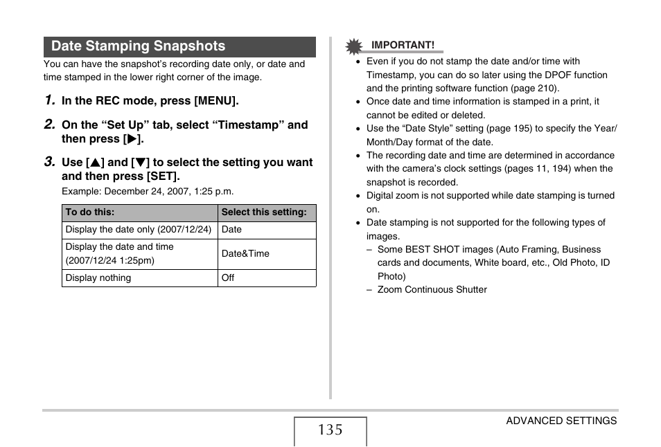 Date stamping snapshots | Casio EXILIM EX-Z1080 User Manual | Page 135 / 267