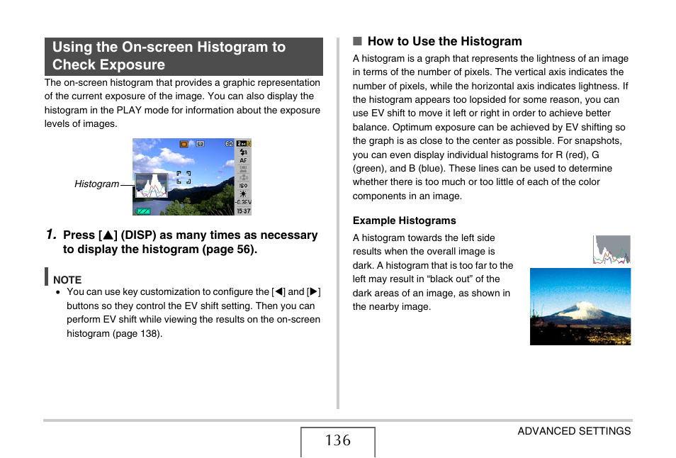 Using the on-screen histogram to check exposure | Casio EXILIM EX-Z1080 User Manual | Page 136 / 267