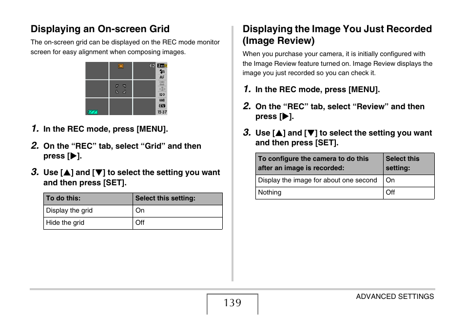 Displaying an on-screen grid | Casio EXILIM EX-Z1080 User Manual | Page 139 / 267