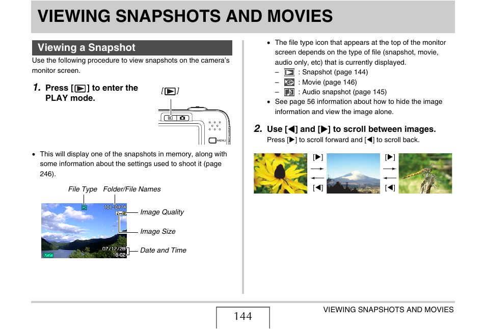 Viewing snapshots and movies, Viewing a snapshot | Casio EXILIM EX-Z1080 User Manual | Page 144 / 267