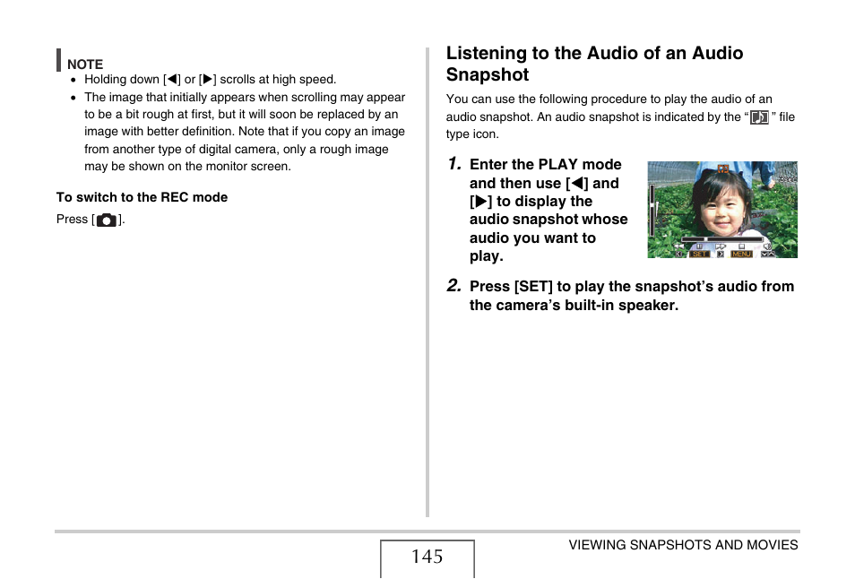 Listening to the audio of an audio snapshot, E 145) | Casio EXILIM EX-Z1080 User Manual | Page 145 / 267