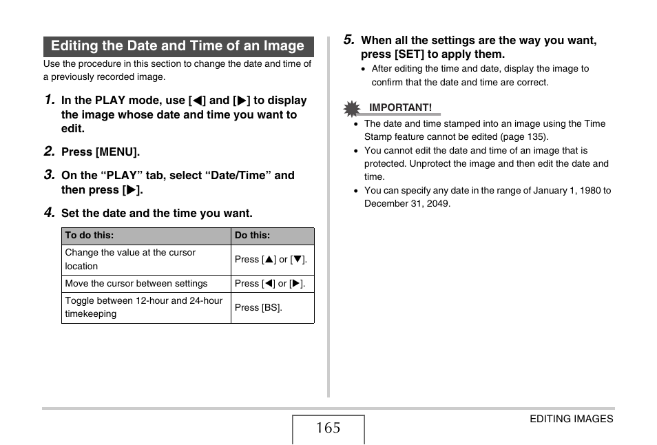 Editing the date and time of an image | Casio EXILIM EX-Z1080 User Manual | Page 165 / 267
