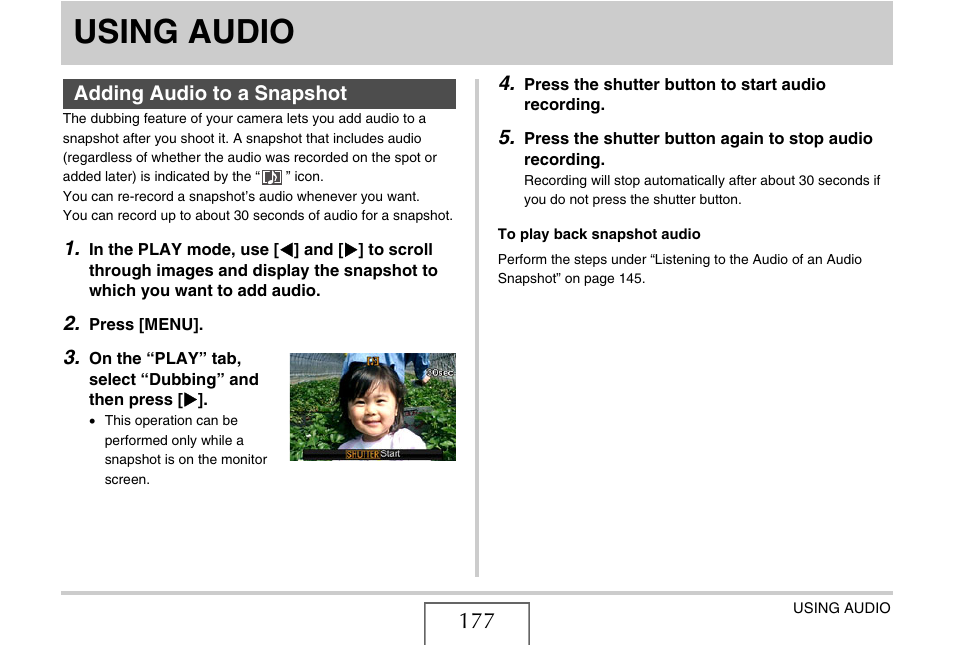 Using audio, Adding audio to a snapshot | Casio EXILIM EX-Z1080 User Manual | Page 177 / 267